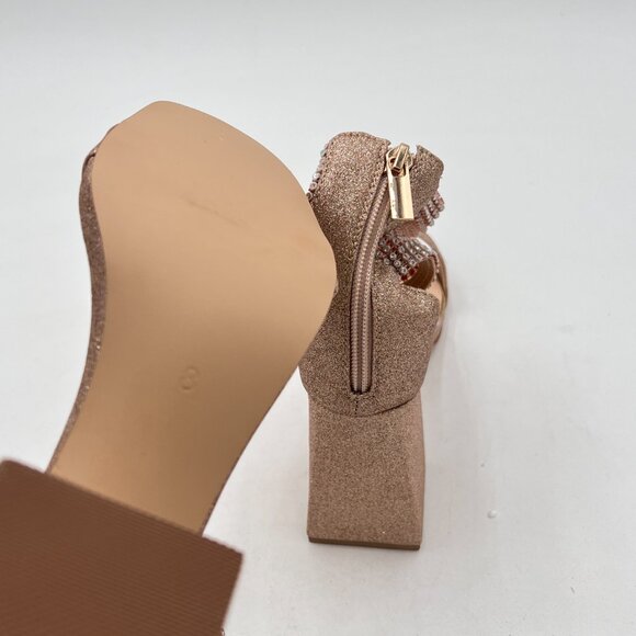 XYD Gold Studded Rhinestone Sandal Chunky Heel Elastic Wide Ankle Strap Shoes - Picture 6 of 8